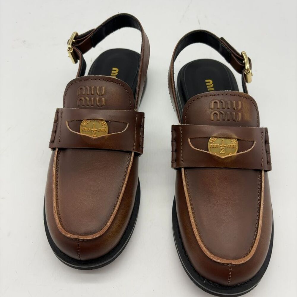 Miu Miu. Brown Vintage Leather Slingback Loafers Gold Logo Medallion Shoes